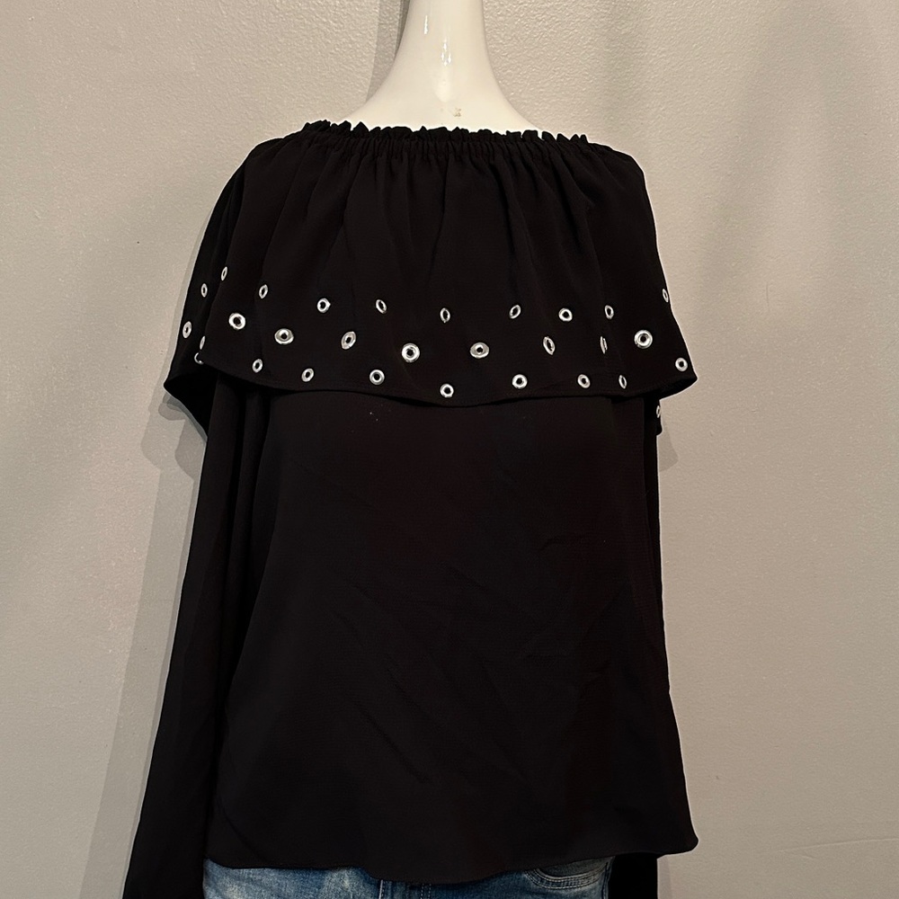 NY Collection Black Off-Shoulder Blouse with Eyelet Details - Picture 1 of 4